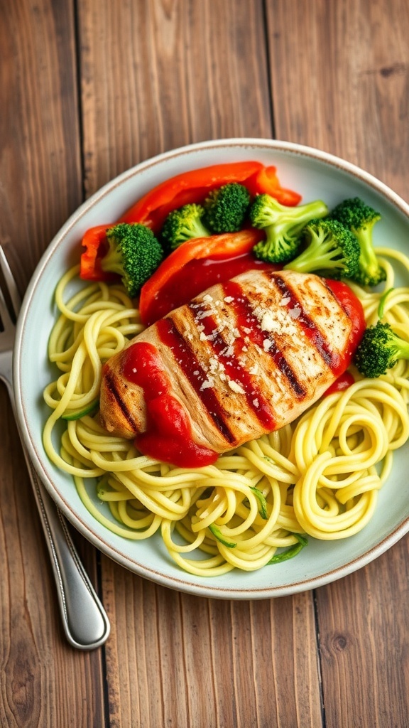 Family-Friendly Low Carb Dinner Recipes Low carb dinner plate with zucchini noodles, grilled chicken, and sautéed vegetables.